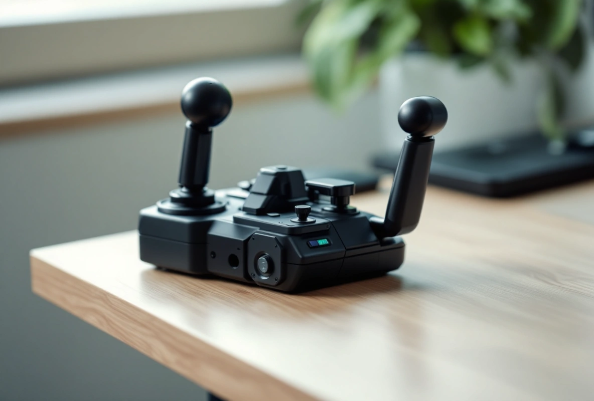 A black flight control yoke and a small throttle lever unit clamped to the edge of a wooden desk.