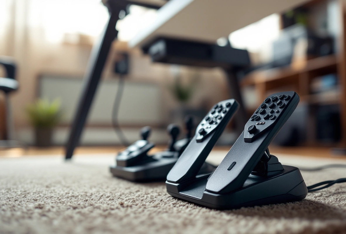 A set of flight-sim rudder pedals on the floor under a home desk.