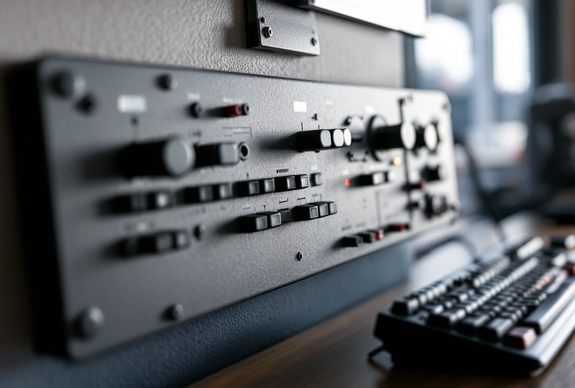 A flight-sim switch panel mounted on a desk next to a keyboard.