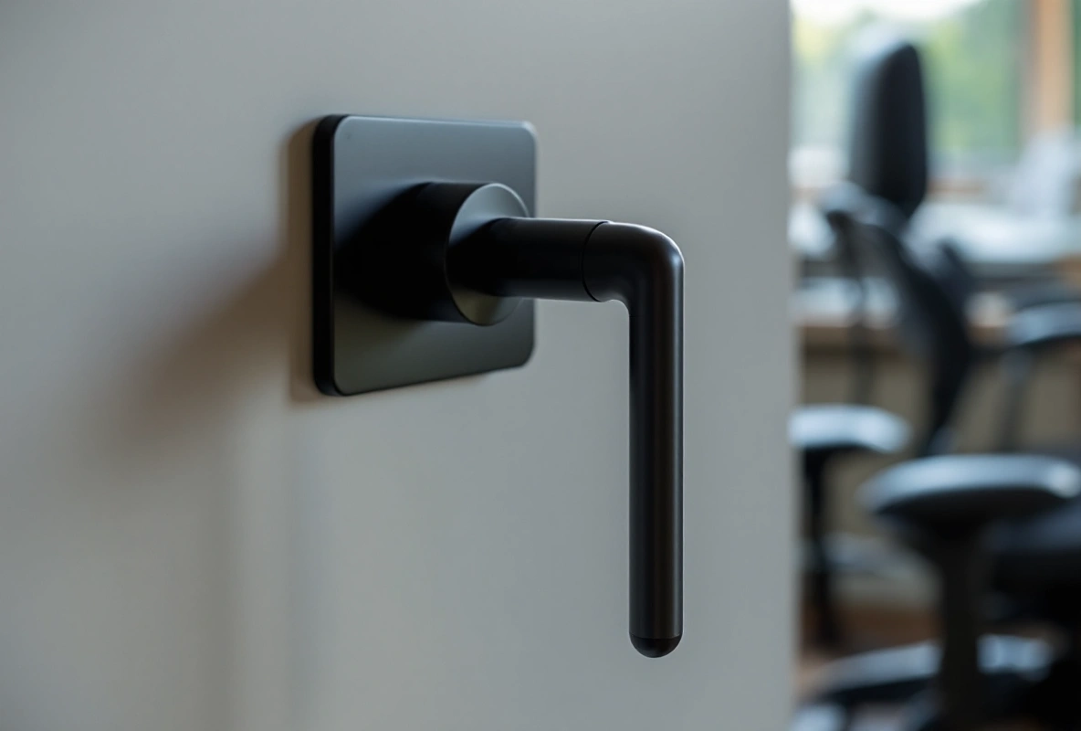 A single tall collective-style control lever mounted beside an office chair in a spare room.
