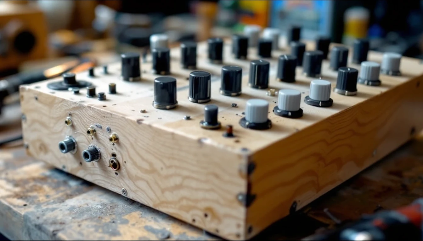 A homemade plywood box with rows of plain black toggle switches and round knobs, sitting on a garage workbench beside a soldering iron.