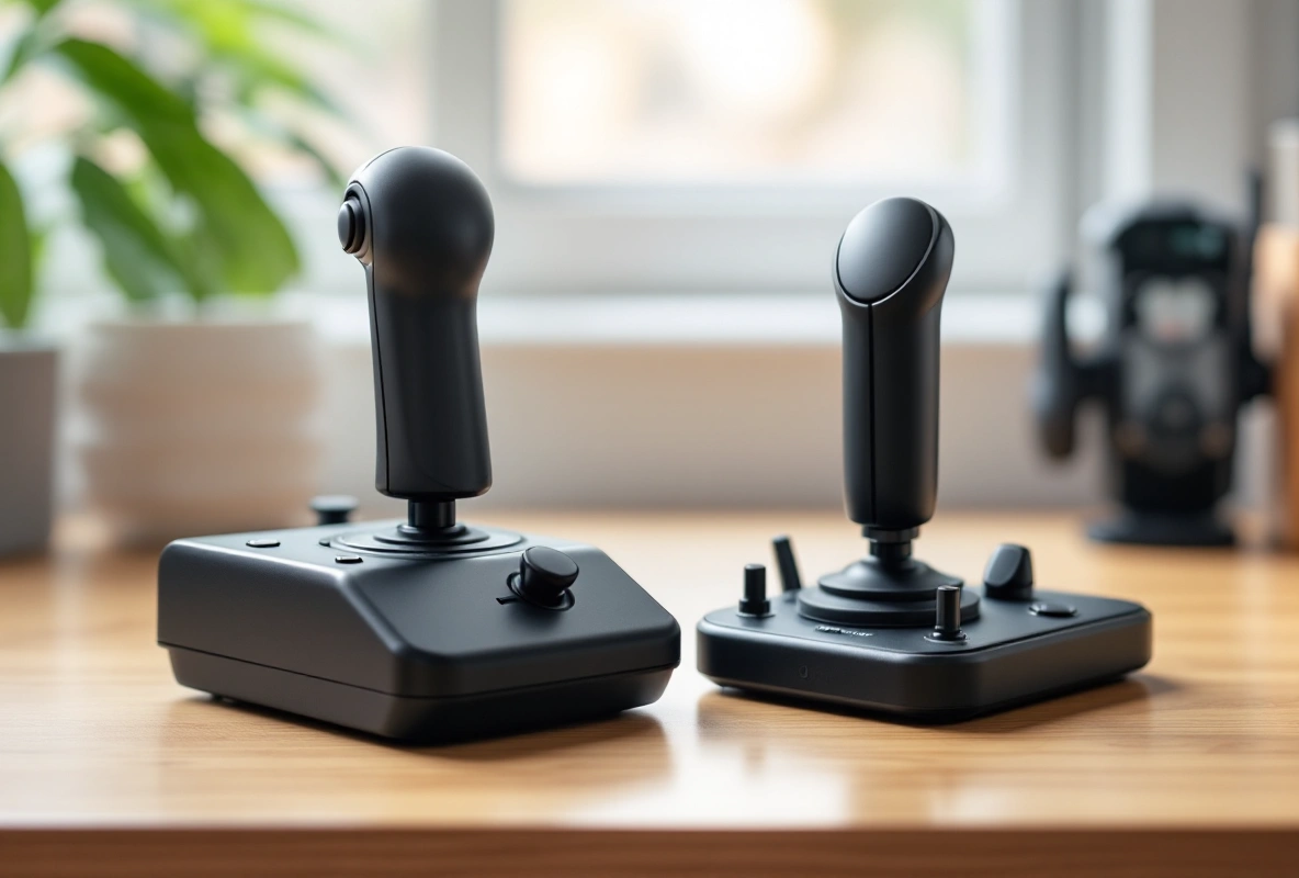 A black joystick and a separate throttle lever unit side by side on a clean wooden desk.