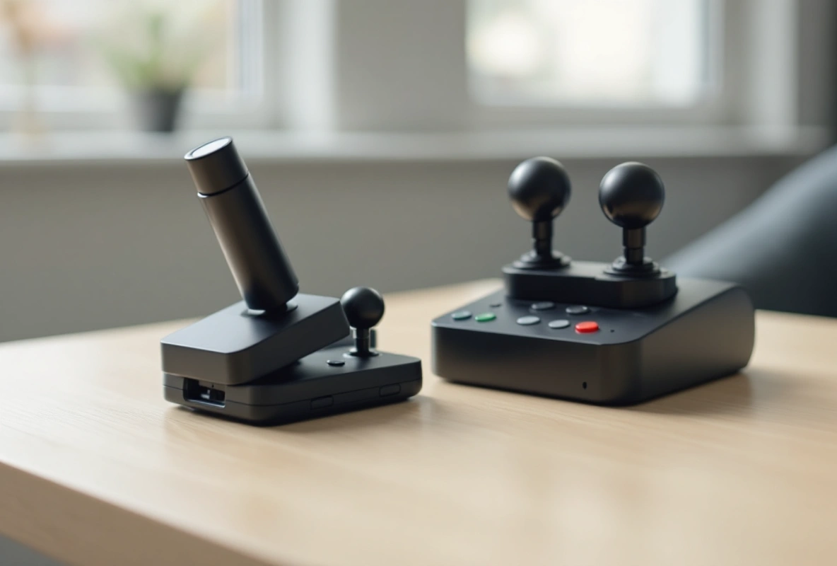 A black side-stick controller and a separate twin-lever throttle unit on a pale wooden desk.
