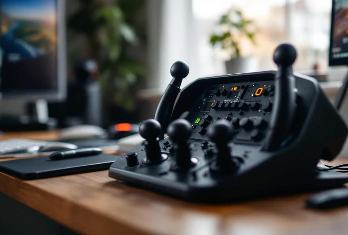 A flight-sim throttle quadrant sitting on a home desk.
