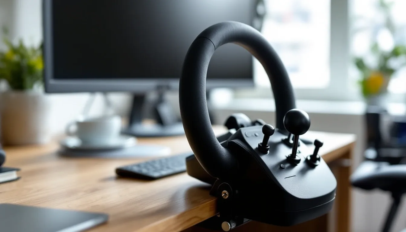 A black flight-sim yoke clamped to the front edge of an oak desk, with the monitor switched off.
