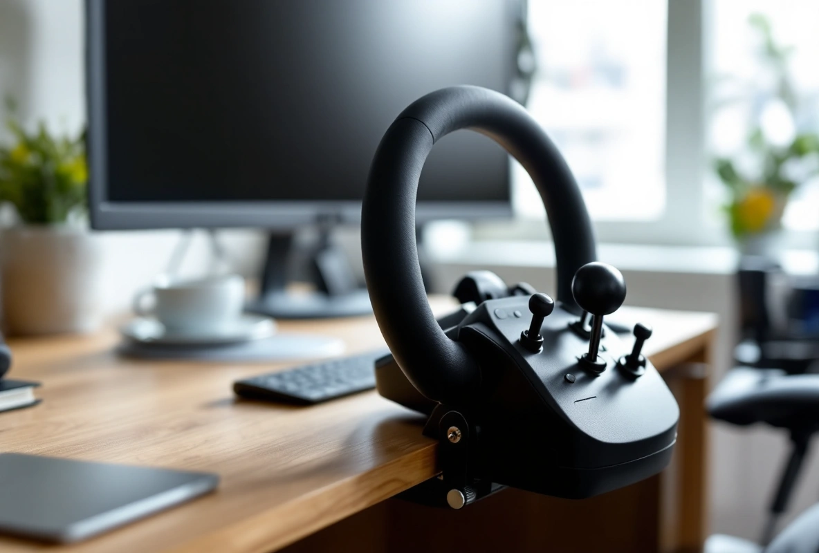 A black flight-sim yoke clamped to the front edge of an oak desk, with the monitor switched off.