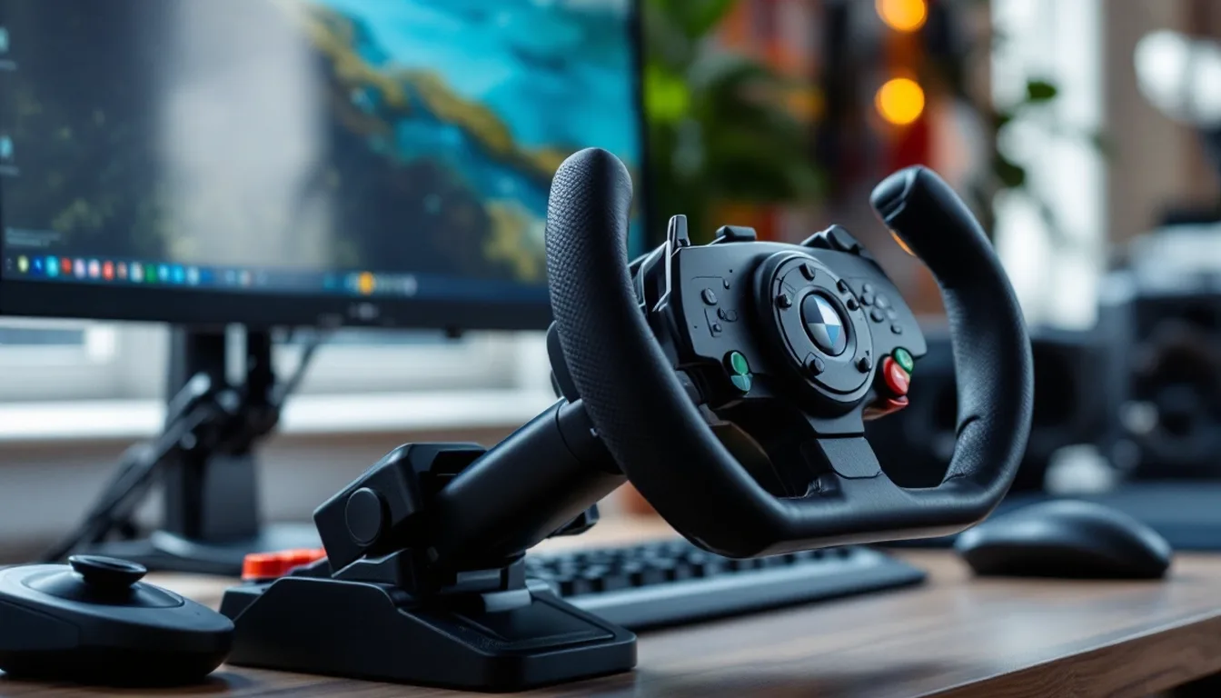 A flight-sim yoke clamped to a home desk, monitor visible in the background.