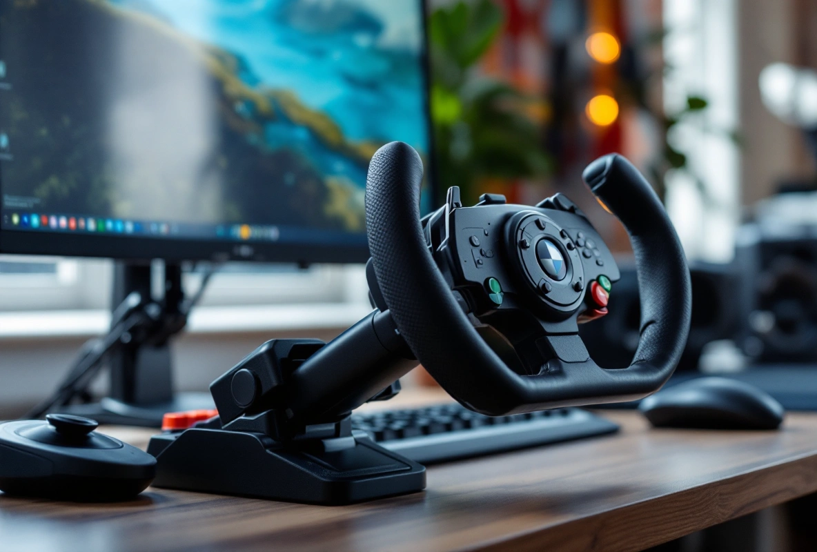 A flight-sim yoke clamped to a home desk, monitor visible in the background.