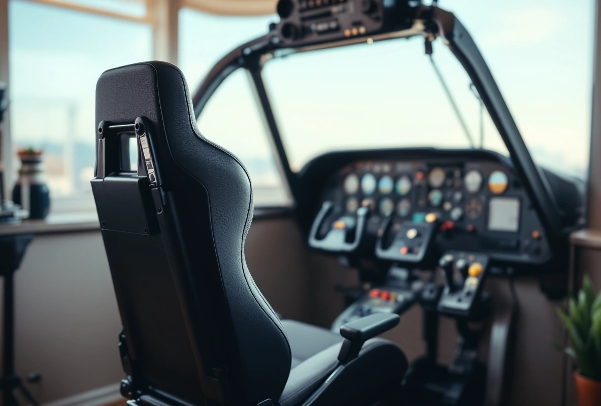 A home flight-sim cockpit rig with a seat, stick, throttle and pedals.