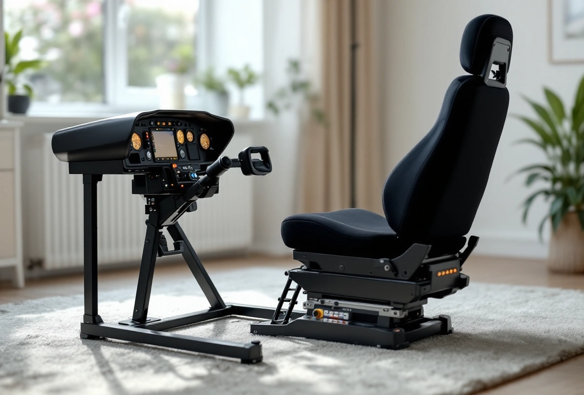 An empty home flight-sim cockpit frame with a padded black seat, rudder pedals and a stick, in a bright spare room.