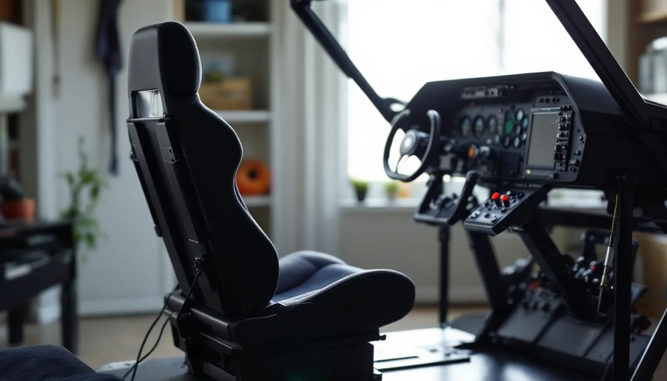 A home flight-sim cockpit rig with a seat, stick, throttle and pedals.