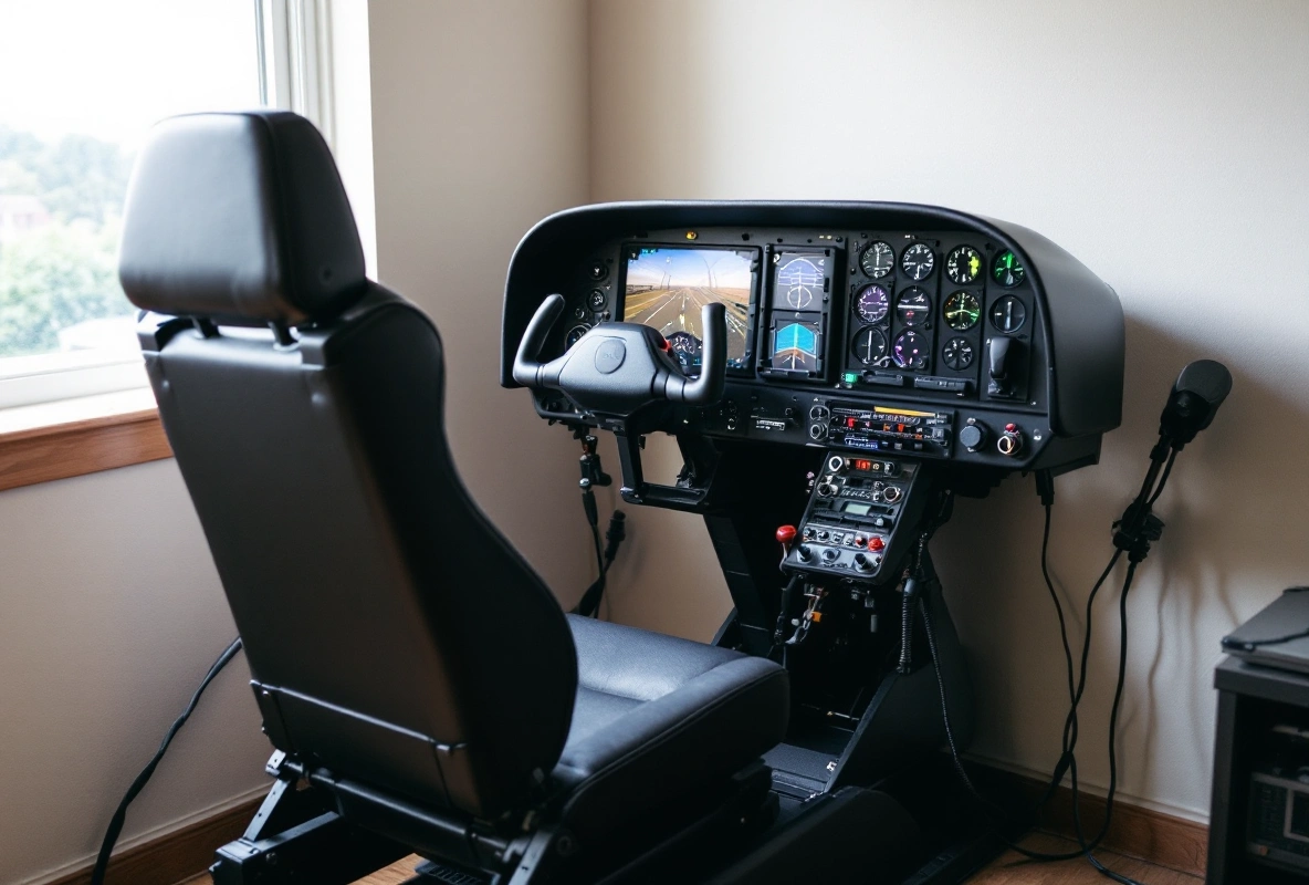A home flight-sim cockpit rig with a seat, stick, throttle and pedals.