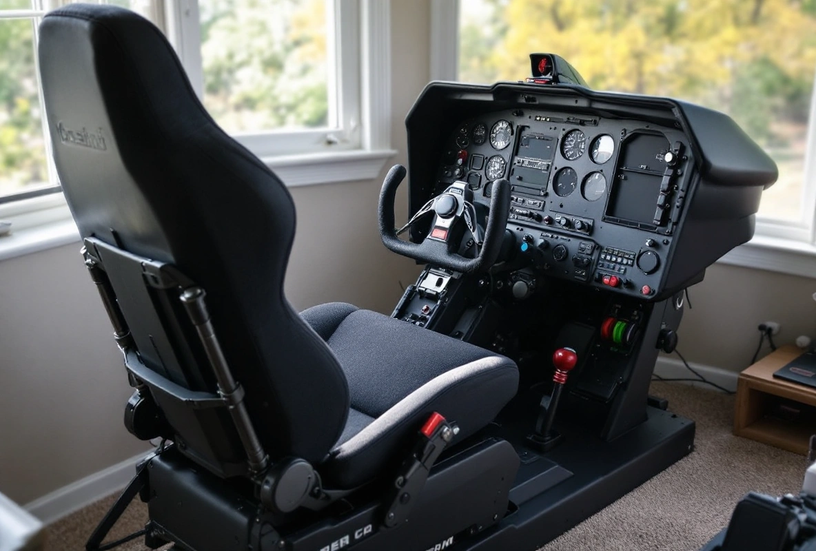 A home flight-sim cockpit rig with a seat, stick, throttle and pedals.