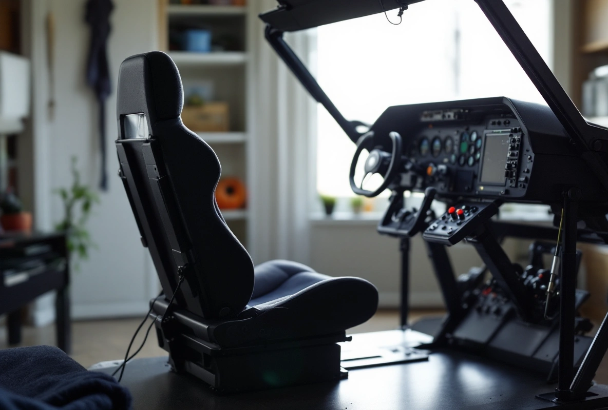 A home flight-sim cockpit rig with a seat, stick, throttle and pedals.