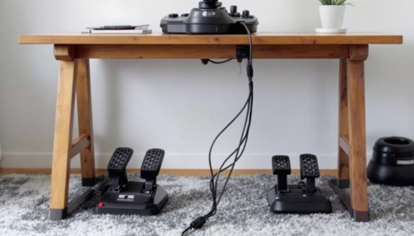 A pair of black flight-sim rudder pedals resting on a grey rug under a wooden desk, a joystick standing on the desk above.