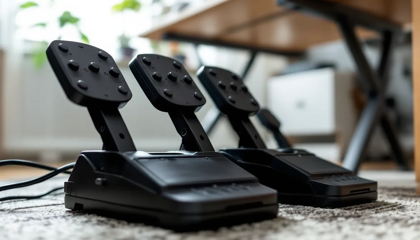A set of flight-sim rudder pedals on the floor under a home desk.
