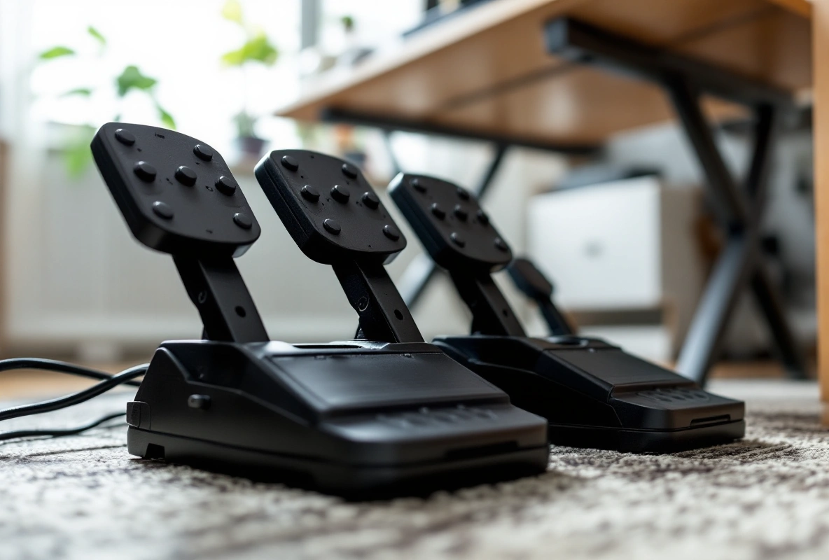 A set of flight-sim rudder pedals on the floor under a home desk.