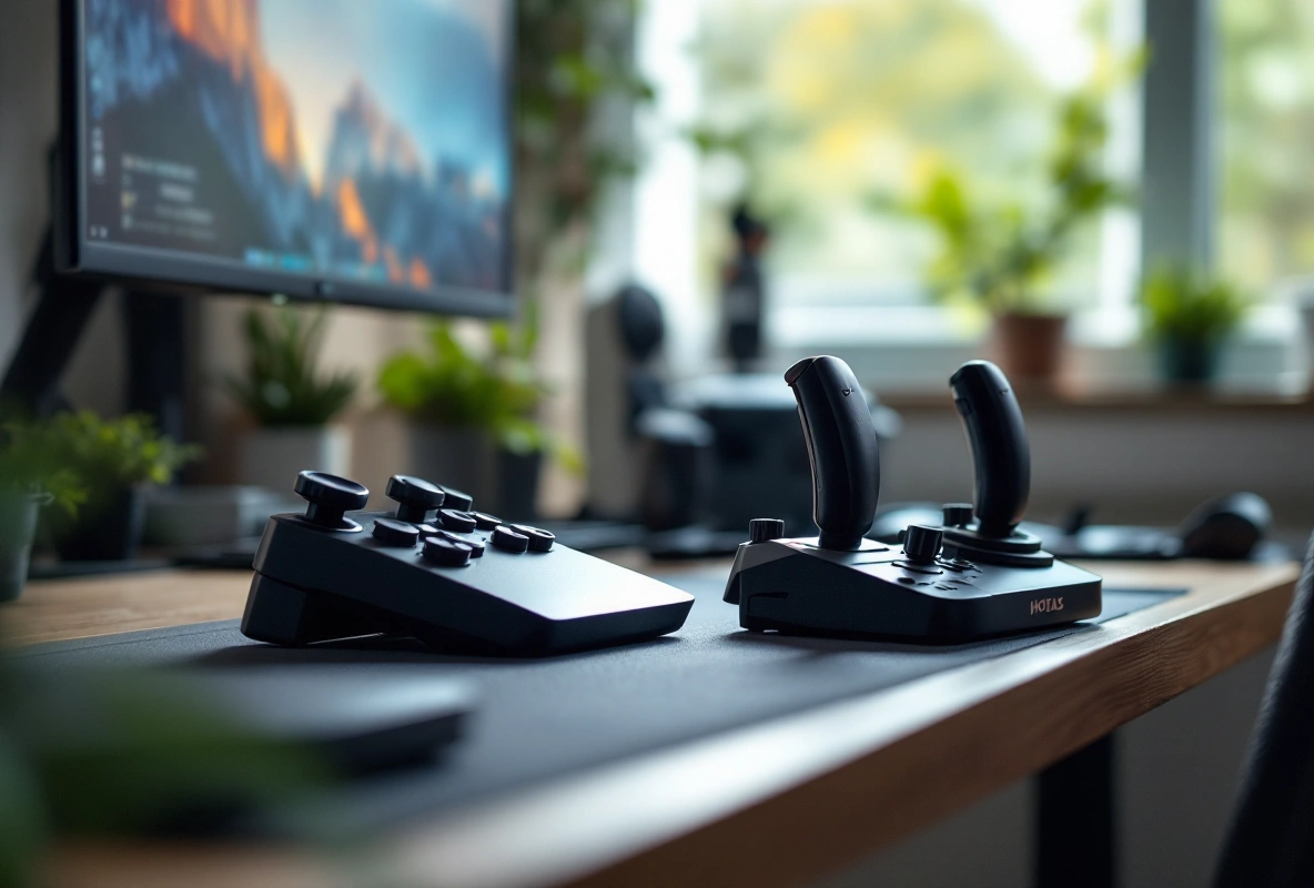 A HOTAS stick and throttle set up on a home desk.
