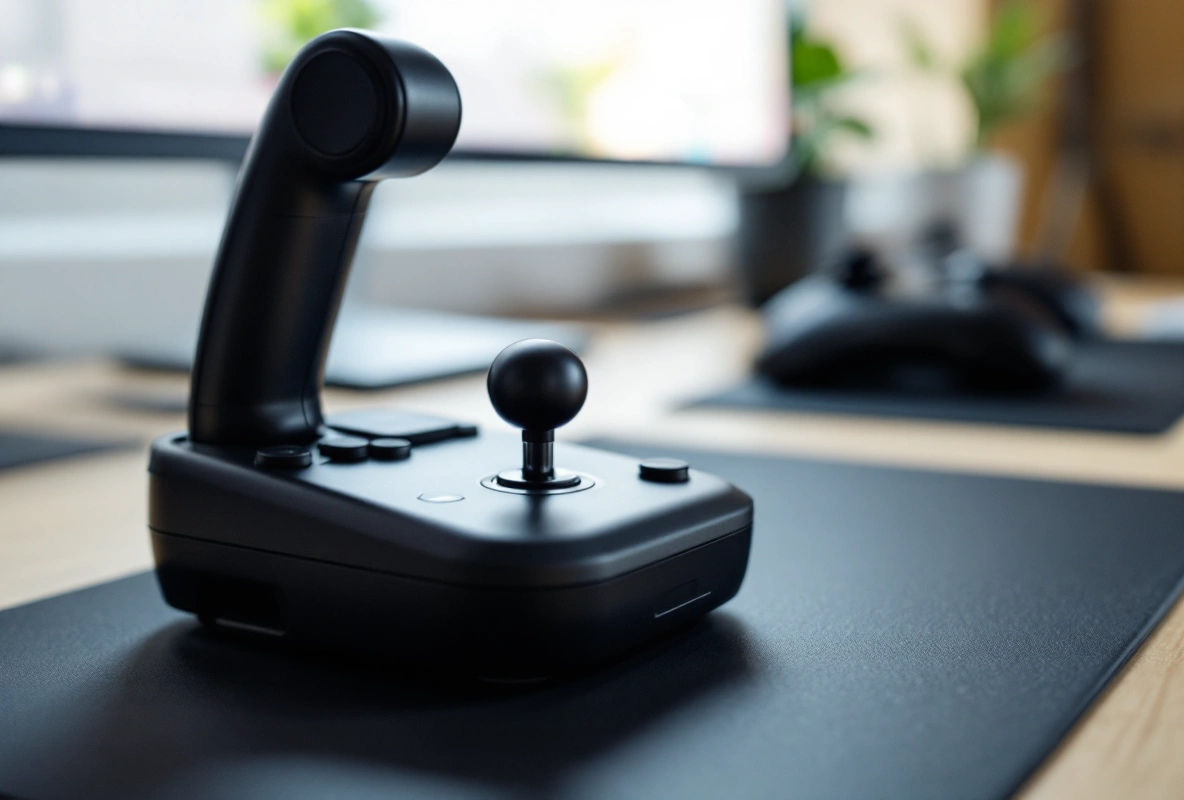 A matte black joystick with a separate throttle lever on a desk mat, seen from a low side angle.