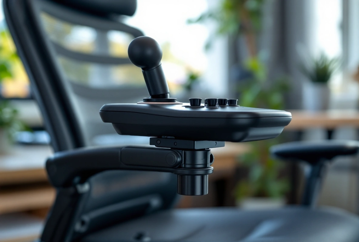 A joystick mounted on a metal arm attached to the side of an office chair, in a home office.