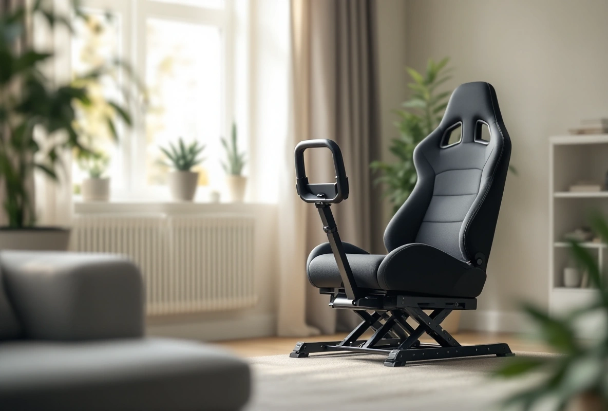 A flight-sim seat and pedal frame in a corner of a living room, seen from behind the seat.