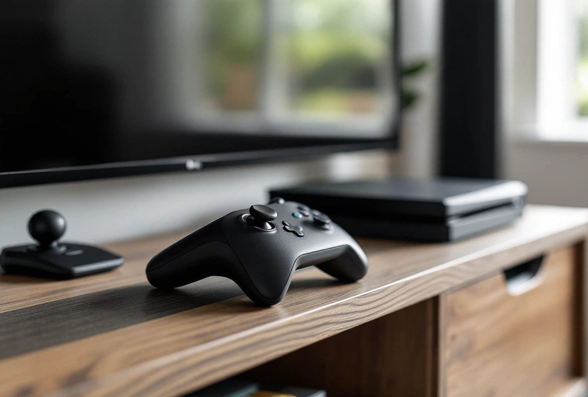 A compact black joystick and throttle unit next to a game console on a TV cabinet, in a living room.