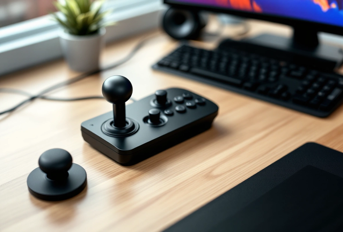 A budget black joystick with a detachable throttle lever on a desk, seen from above at an angle.