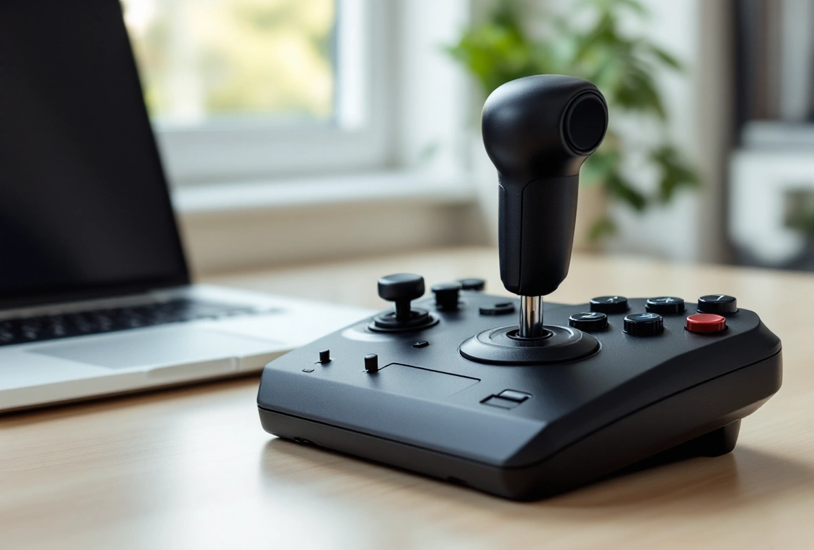 A black joystick and a separate throttle lever unit on a desk beside a closed laptop.