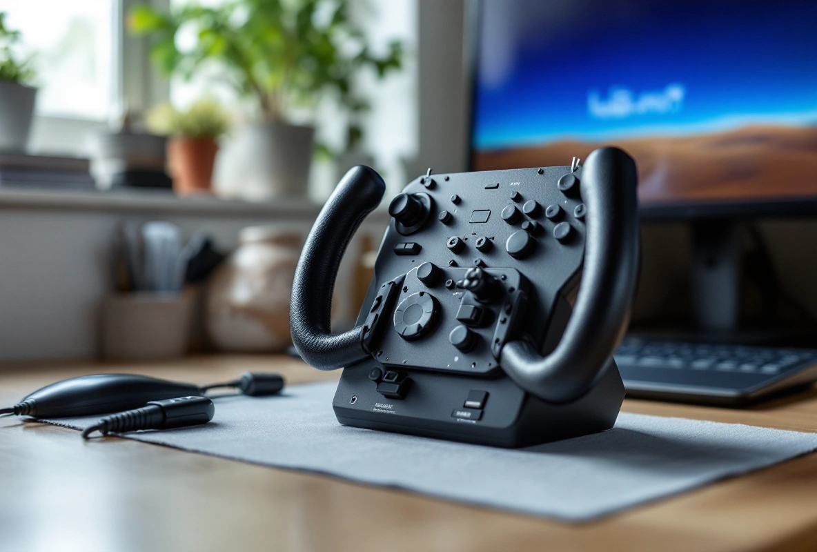 A flight-sim throttle quadrant sitting on a home desk.