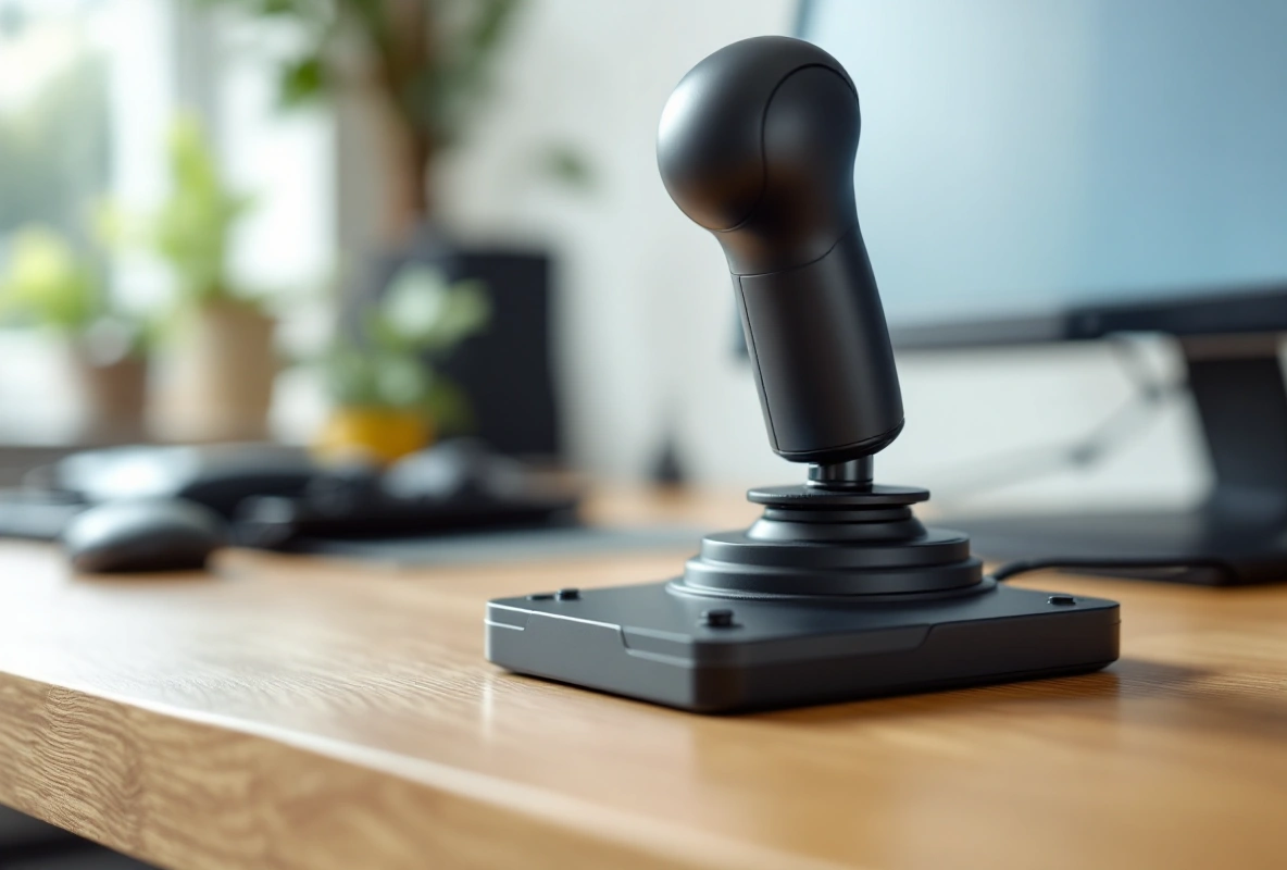 A heavy metal joystick base with a black grip on a wooden desk, close-up of the metal gimbal base.