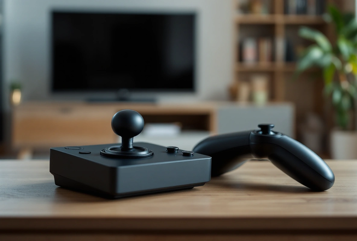 A compact black joystick and throttle unit in front of a living-room TV cabinet, TV switched off.