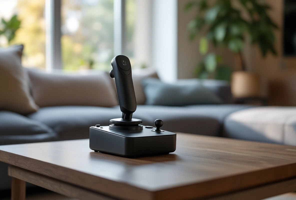 A compact black flight stick with a built-in throttle lever on a coffee table in a living room.