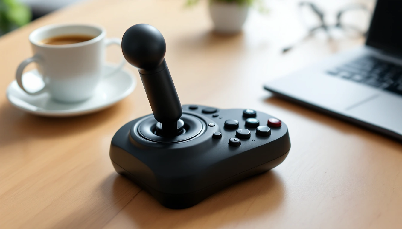 A black joystick on a desk beside a coffee cup and a laptop.
