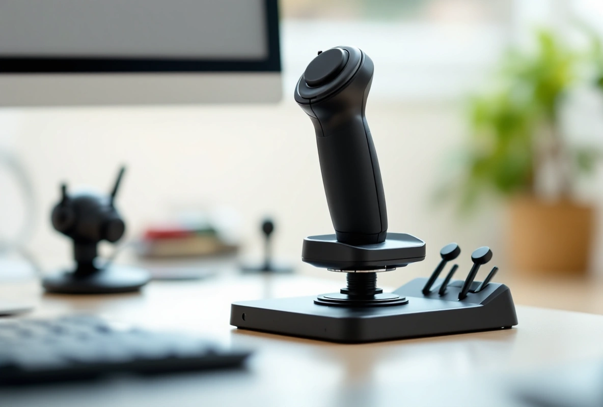 A tall black joystick grip on a metal base clamped to a desk, with a separate throttle lever beside it.