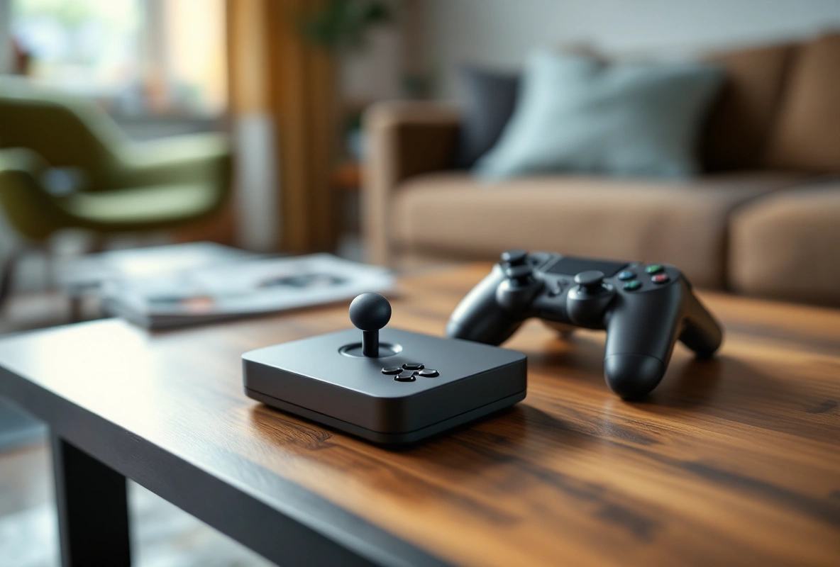 A compact flight stick next to a game controller on a living-room coffee table.