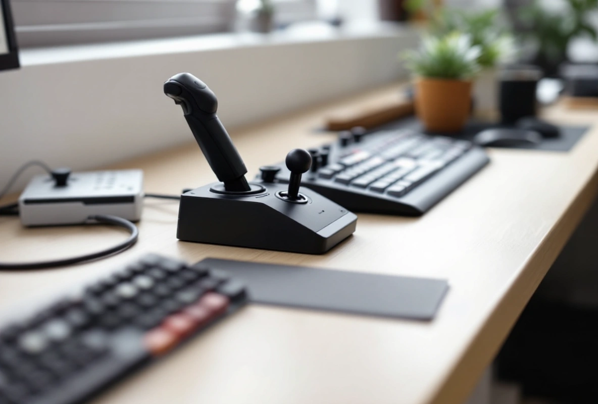 A black joystick, a throttle lever unit and a keyboard on a desk, seen from the side.