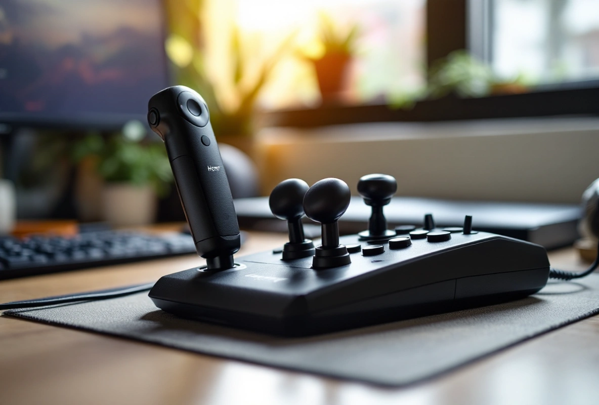 A HOTAS stick and throttle set up on a home desk.
