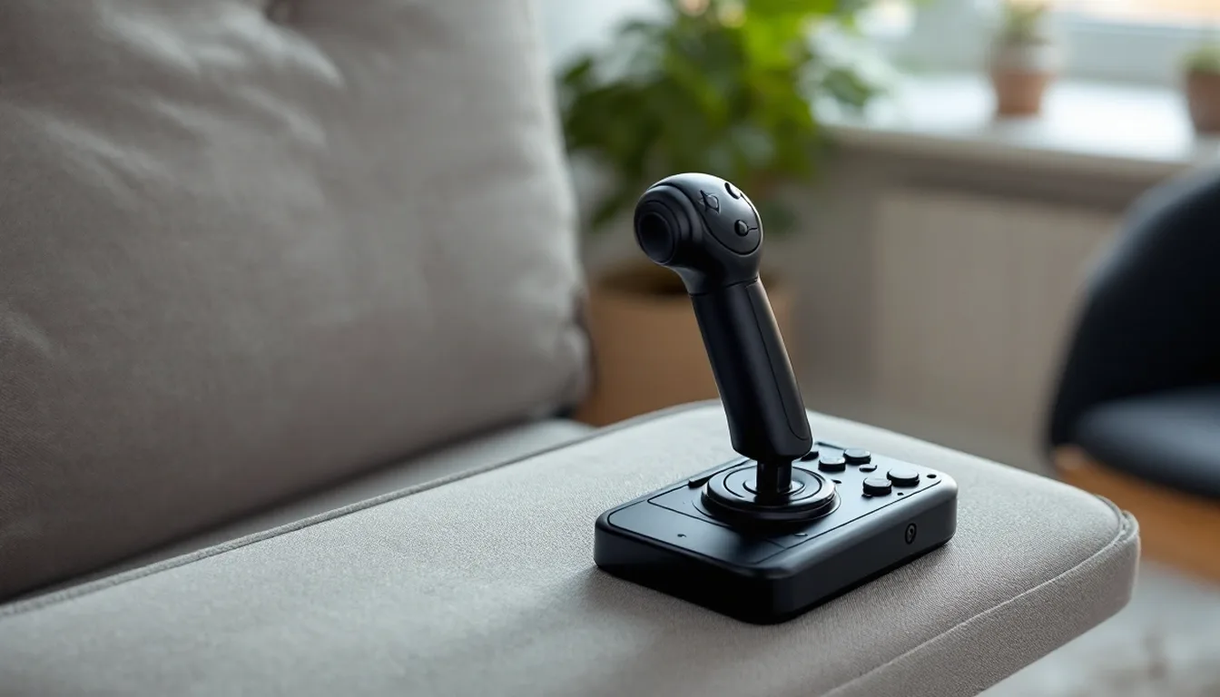 A compact black flight stick with a throttle lever resting on a sofa armrest in a living room.