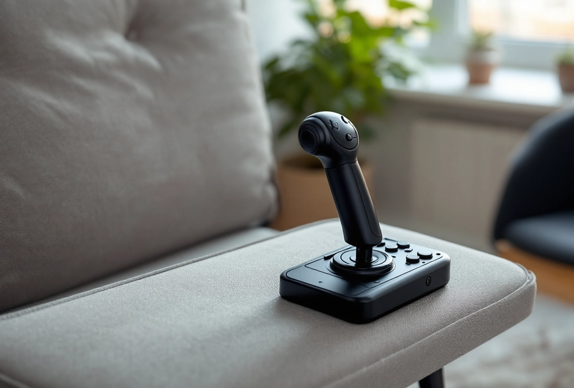 A compact black flight stick with a throttle lever resting on a sofa armrest in a living room.