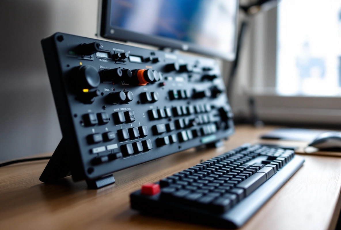 A flight-sim switch panel mounted on a desk next to a keyboard.